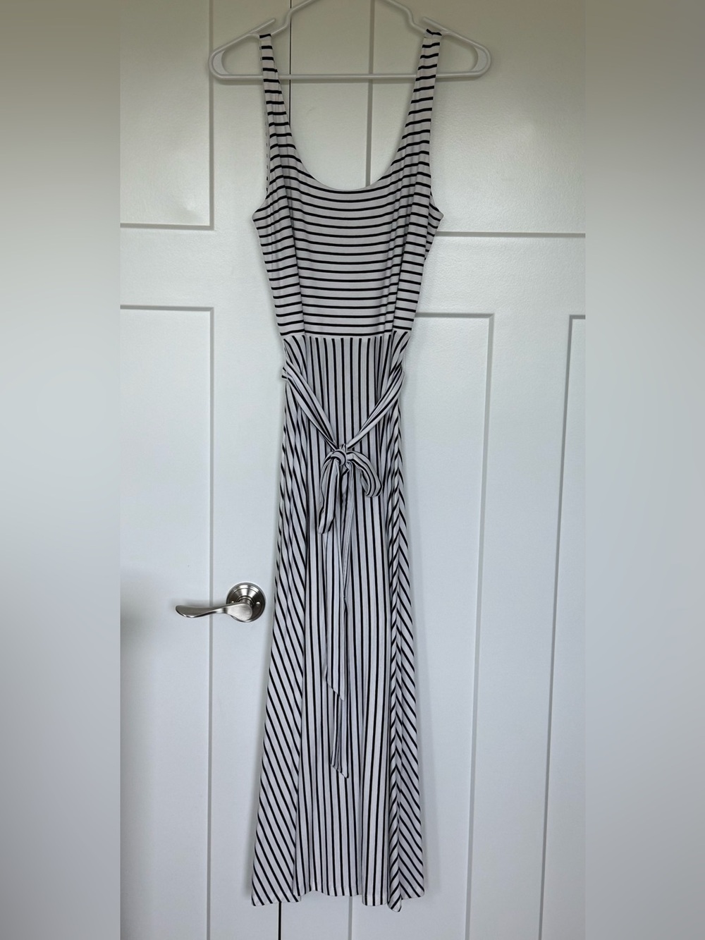 LOFT Navy and White Striped Maxi Dress with Waist Tie